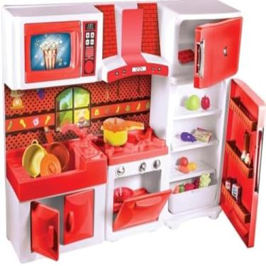 Imagem de Cozinha infantil com armarios, fogao e coifa, vermelha e completa