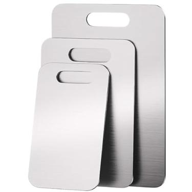 Imagem de Neyora Tábua de corte de aço inoxidável com 3 peças - conjunto de tábuas de corte sem rebarbas e lavável na lava-louças - Tábuas de corte sem odor para cozinha (P + M + G)