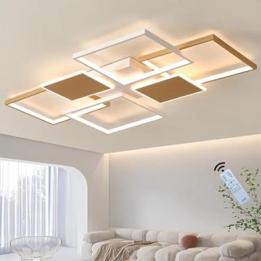 Imagem de Lustre de teto LED dimerizável com controle remoto, modelo moderno com 6 lâmpadas retangulares embutidas, ideal para sala de estar, quarto, sala de jantar e escritório, cor dourada, 110 cm.