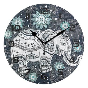 Imagem de JUZIHAI Relógio de parede com padrão de elefante, silencioso, redondo, sem tique-taque, operado por bateria, fácil de ler, relógio decorativo de parede para casa, cozinha, sala de estar, quarto