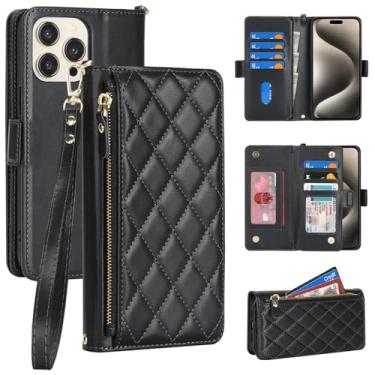 Imagem de Jaorty Capa carteira flip compatível com iPhone 15 Pro Max para Apple 15 Pro Max couro PU preto, losango para mulheres e homens, bolso com zíper, suporte, alça de pulso, porta-cartão, 17 cm