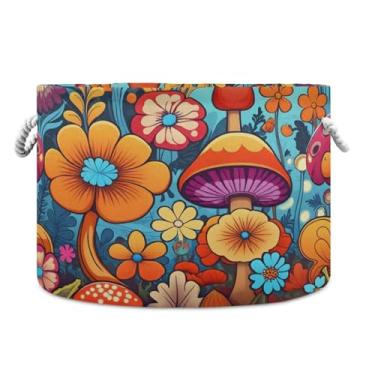 Imagem de JUZIHAI Cesta de armazenamento dobrável de flores e cogumelos, cesto de roupa suja para bebê, cobertor com alças de corda de algodão, caixa organizadora de armário dobrável para quarto, berçário, casa