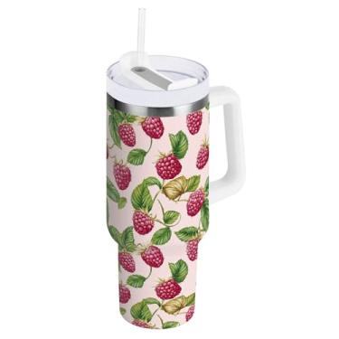 Imagem de ODAWA Copo à prova de derramamento de 850 g com palha, folhas de framboesas rosa copo com isolamento duplo com canudo e alça