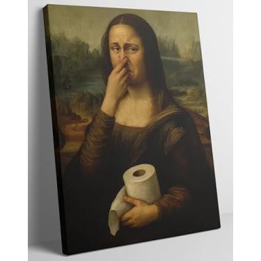 Imagem de Arte de parede de banheiro engraçada Mona Lisa decoração de parede rosto fedido humor papel higiênico beliscar nariz pôster impressões funky humor cheiro WC imagens em tela para banheiro banheiro