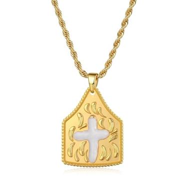 Imagem de Colar de cruz de pérola para mulheres, colar delicado de cruz de ouro e pérola, noiva, dama de honra, casamento, fé, joia cristã, presente, Large, Aço inoxidável, Sem Pedra Preciosa