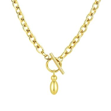 Imagem de Fiiuos Colar com inicial para mulheres, banhado a ouro 18 K, delicada, com pingente de letra bolha personalizada, corrente de elos grossos de clipe de papel com fecho de botão minimalista, joias de