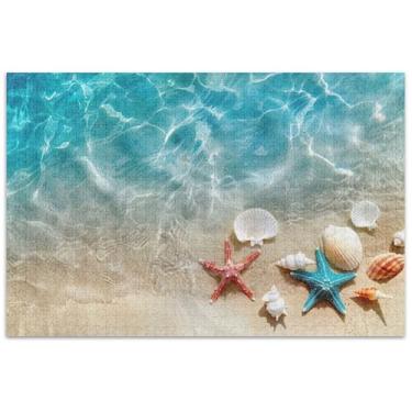 Imagem de Quebra-cabeça de praia areia concha estrela do mar 1000 peças adulto jogo quebra-cabeça presentes paisagem quebra-cabeças brinquedo arte jogo de arte
