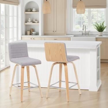 Imagem de Banqueta de barra giratória moderna Vienna com assento estofado cinza e moldura de madeira de carvalho padronizada conjunto de 2