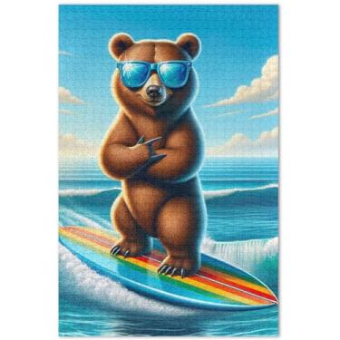 Imagem de Quebra-cabeça fofo com estampa de urso surfe para adultos 1000 peças presentes de festa de elefante branco grande quebra-cabeça família brinquedo artístico, 75 x 40 cm