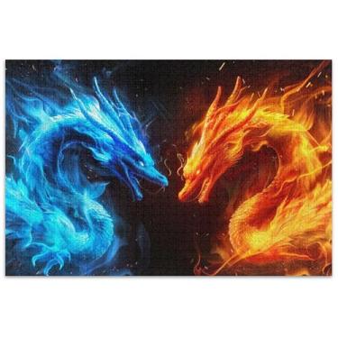 Imagem de Quebra-cabeça de dragão de fogo azul laranja 1000 quebra-cabeças para adultos decoração de casa arte cena de inverno quebra-cabeças elefante branco presentes engraçados