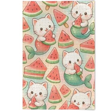 Imagem de Cute Cat Watermelon Foods Desserts Jigsaw Puzzle Adult 500 Pieces Family Puzzle Lovers Gifts Difficult Jigsaw Puzzles Cute Animal Flower Art, 500 Pieces, 20.5" x 14.9"