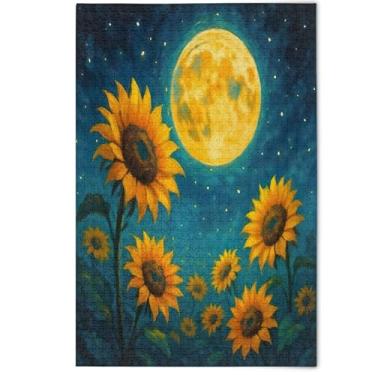 Imagem de Quebra-cabeças 500 peças para adultos arte de paisagem floral vintage girassóis azul cena noturna família Prime Family Presentes de elefante branco, 500 peças, 52 x 37,8 cm