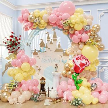 Imagem de Kit de arco de balão rosa e amarelo, 142 peças, rosa pastel, amarelo, marrom claro, dourado, metálico com balão de folha de rosa vermelha para decoração de aniversário de princesas de chá de bebê na