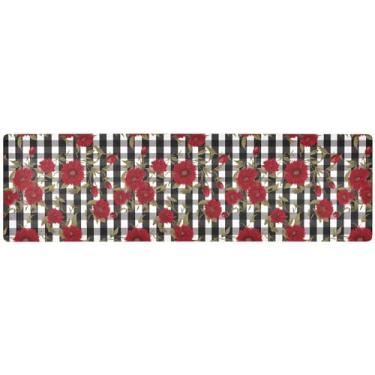 Imagem de Tripé quadriculado preto e branco com flores, passador de mesa fácil de limpar, trivets para mesa