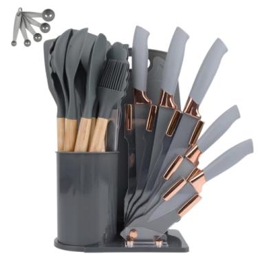 Imagem de Kit Utensílios de Cozinha Silicone 19 Peças com Facas | Cabo de Madeira Completo(Cinza)