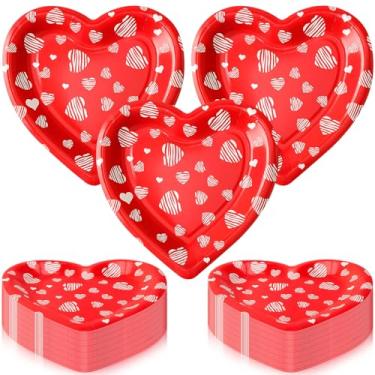 Imagem de Domensi 50 peças de pratos de papel de dia dos namorados vermelho coração do amor pratos de papel descartáveis 18 cm para festa do amor, artigos de mesa para aniversário dos namorados, aniversário