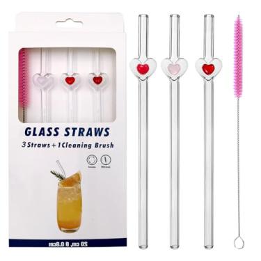 Imagem de Canudos de vidro reutilizáveis com pingentes decorativos de coração, 20 cm, conjunto de 3 com escova de limpeza (coração vermelho)