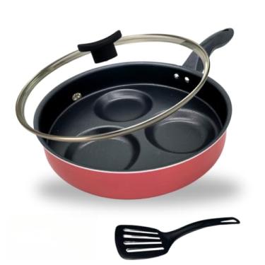 Imagem de Frigideira 22 cm Divisória 3 Ovos Hamburguer Antiaderente Alta Tampa de Vidro e Espátula Cor Cereja