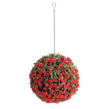 Imagem de Mikasa Planta floral falsa com flores vermelhas, buxo, videira de vegetação artificial, planta de cesta de plástico realista de forma redonda, flores falsas para decoração de casa, interior e exterior