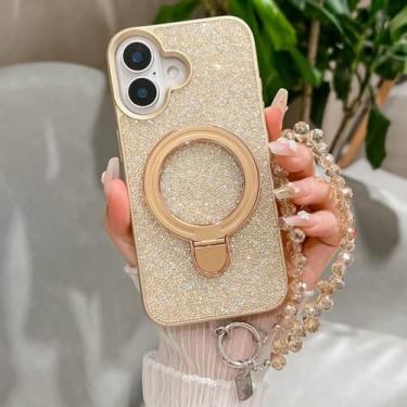 Imagem de Capa traseira com pulseira e contas de cristal Dazzle para iPhone 16, 15, 14, 13, 12, 11 Pro Max Plus, com suporte magnético, dourada, para iPhone 13 Pro Max