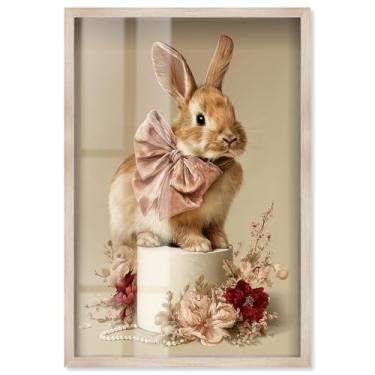Imagem de Arte de parede de banheiro com estampa de caixa de sombra de coelho romântico por Art Remedy, moldura loira, 28 x 40 cm