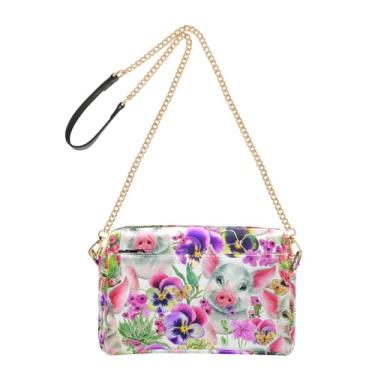 Imagem de Joitme Bolsa de ombro feminina transversal para celular fofa leitão rosa roxo floral alça de couro PU bolsa de ombro