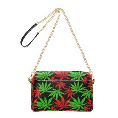 Imagem de Bolsa feminina transversal bolsa para celular bolsa de ombro de couro PU com alça de corrente verde vermelho folhas pretas