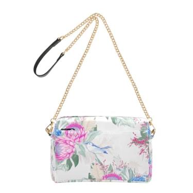 Imagem de Joitme Bolsa feminina tiracolo rosa azul flores tropicais pássaros bolsa de celular linda bolsa de ombro de couro PU com alça de corrente