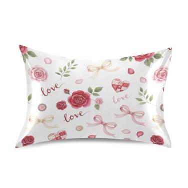 Imagem de Wassud Fronhas de cetim para o dia dos namorados rosas e laços para cabelo e pele fronhas de seda lisa tamanho queen fronhas respiráveis com fecho de envelope