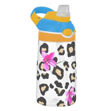 Imagem de Garrafa de água infantil preta leopardo rosa floral branca para escola, 473 ml Tritan 473 ml garrafa de água esportiva com canudo, copo infantil portátil à prova de vazamento, alça de transporte