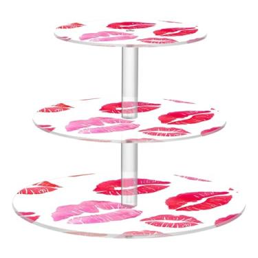 Imagem de Suporte de cupcake de 3 camadas, chá de festa, batom, vermelho, rosa, branco, acrílico, cupcake, torre, aniversário, sobremesa, expositor de mesa, bandejas coloridas