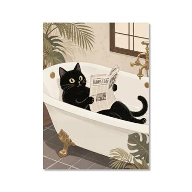 Imagem de Arte de parede em tela de gato preto engraçado na banheira gato fofo lavar suas patas lendo pôster de jornal banheiro impressões animais decoração de parede (SKU1,40.6x50.8 cm = (40x50 cm), sem