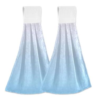 Imagem de Joitme Toalhas de mão para pendurar gradiente azul celeste com laço, pacote com 2 toalhas de prato absorventes de lã coral para cozinha e banheiro com fita mágica para forno e decoração de casa