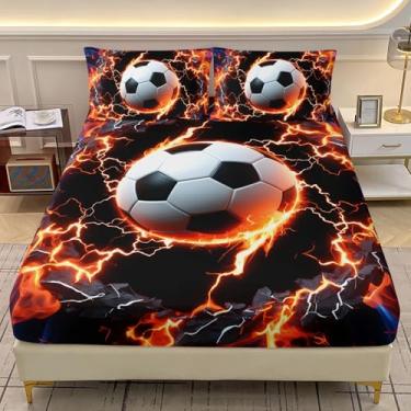 Imagem de AILONEN Jogo de lençol Queen com estampa de futebol 3D, lençol esportivo para crianças, meninos, 3 peças, lençol com elástico de futebol de fogo e 2 fronhas