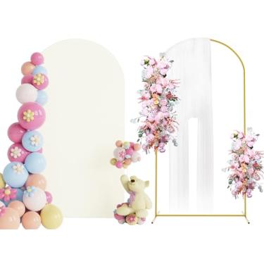 Imagem de Putros Conjunto de suporte de arco de metal de 2,2 m com capa de arco de casamento marfim elastano e topo redondo Chiara para decoração de festa de aniversário de chá de bebê