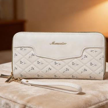 Imagem de Carteira feminina, bolsa de couro moderna longa com zíper duplo, carteira minimalista de grande capacidade com bloqueio RFID (branca)