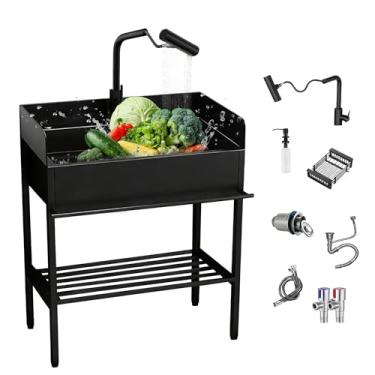 Imagem de Pia utilitária de aço inoxidável, pia externa independente com torneira de água fria e quente, kit de drenagem e mangueiras, pias de tigela única de cozinha comercial, para lavanderia, banheiros