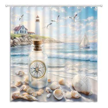Imagem de Cortina de chuveiro náutica para farol costeiro, praia, oceano, litoral, veleiro, gaivota, tecido, decoração de banheiro, cortinas com ganchos, 177,8 cm L x 180 cm A