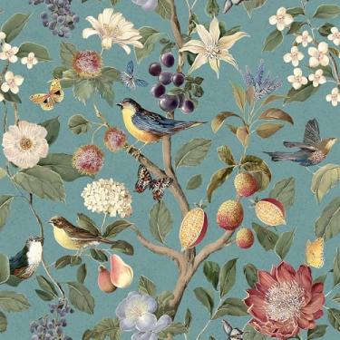 Imagem de VEELIKE Papel de parede peculiar azul chinoiserie descasque e cole borboletas e pássaros papel de parede para quarto banheiro 48 x 39 cm, papel de parede floral removível autoadesivo papel de contato