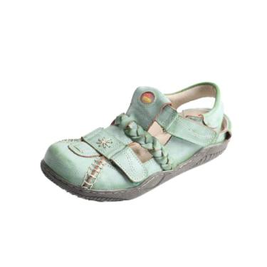 Imagem de TMA EYES Sandália feminina trançada de couro fechado, Verde, 36