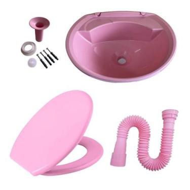 Imagem de Kit Banheiro Rosa - Lavatório + Assento Sanitário + Sifão Meu Mundo Ro