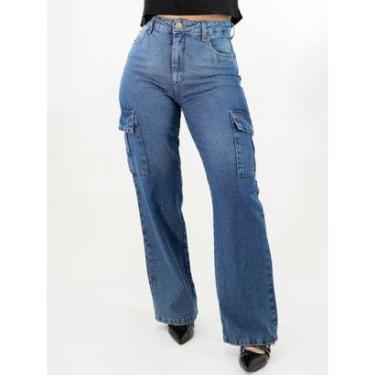 Imagem de Calça Jeans Feminina Bolso Cargo Wide Leg 100% Algodão Anticorpus-Feminino