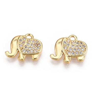 Imagem de 2 pingentes de elefante de latão transparentes de zircônia cúbica folheados a ouro 18 K de verdade, pequenos pingentes de joias para brincos faça-você-mesmo, colares, pulseiras, correntes, joias