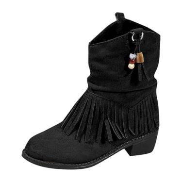 Imagem de Botas femininas casuais no tornozelo com detalhe de borla, material de camurça, salto redondo para conforto e estilo no inverno, Preto, 35