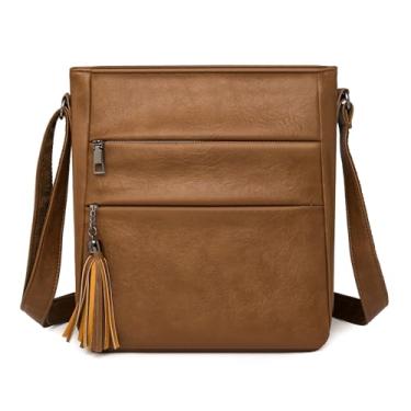 Imagem de Mfinesun Bolsas transversais para mulheres, bolsa de ombro casual com vários bolsos com borla e alça ajustável, Marrom, Bolsa tiracolo feminina