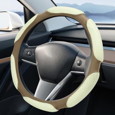 Imagem de Wuyaoyao Capa de volante de carro, capa de volante antiderrapante de couro PU de 38 cm com almofada de mão macia, respirável e confortável, acessórios interiores universais para carro (bege)