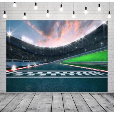 Imagem de BELECO Faixa de acabamento de tecido de 2,4 x 1,8 m, pano de fundo de pista de corrida de carro de corrida, tema campeão, decoração de festa, faixa para crianças, adultos, aniversário, sessão de fotos