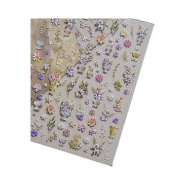 Imagem de Adesivo De Unha Floral Preto E Branco Semi-Transparente Com Flores Em 