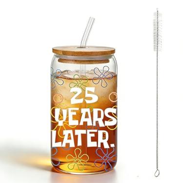 Imagem de Maazusa Copos de vidro fofos de desenho amarelo, presentes de aniversário de 25 anos para mulheres e homens, copo de flores e bolhas com escova de limpeza de palha de tampa de bambu, decoração de