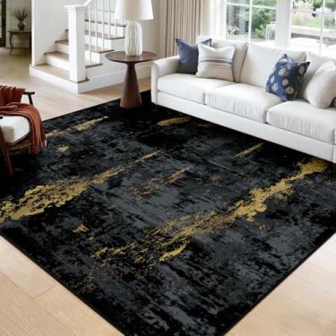 Imagem de RELEANY Tapetes laváveis, quadrados, 2,7 m, antiderrapantes, modernos, abstratos, macios para sala de estar, entrada, quarto, berçário, estampa estampada, ouro preto escuro